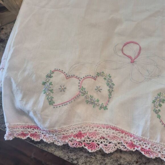 Pillowcases (2), White Cotton, Vintage Pink Variegated Crochet Heart Embroidery - Picture 8 of 12